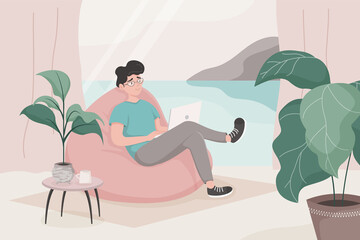 The guy is sitting in a beanbag chair and working on a laptop by the window overlooking the sea and mountains. Concept of home office, remote work, study, online conference. Flat cartoon vector.