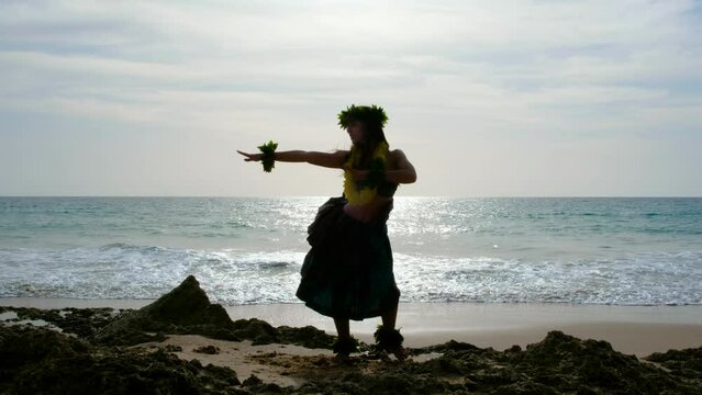 Graceful woman dacing hawaiian dance on the beach. Silhouette with blanks.