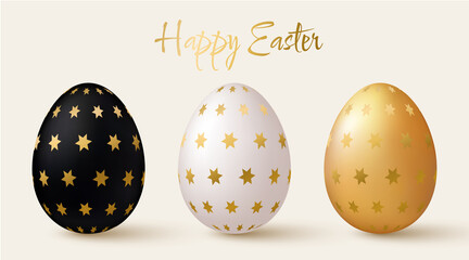 Easter eggs set. Black, white and gold 3d design elements with gold pattern.