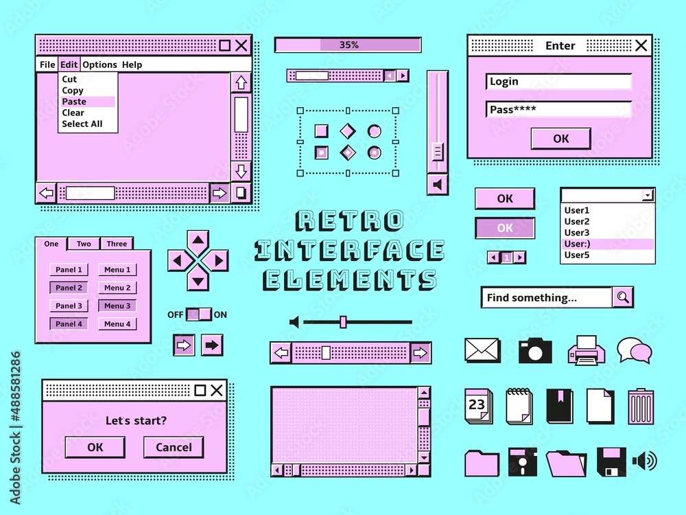 Poster retro interface elements. 90s vintage pc bars, message in old computer style. technology, computing 