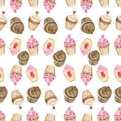 Fototapeta na wymiar Seamless Pattern Digital Paper Wallpaper Fabric Tablecloth Sweets Cupcakes Donuts