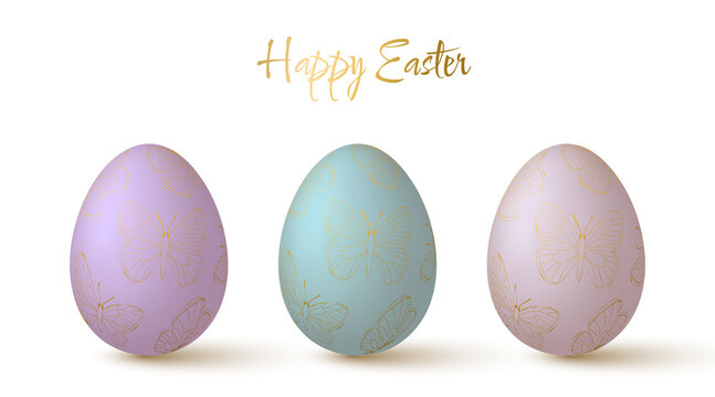 Easter eggs collection. Cute 3d design elements in pastel colors with golden butterflies pattern.