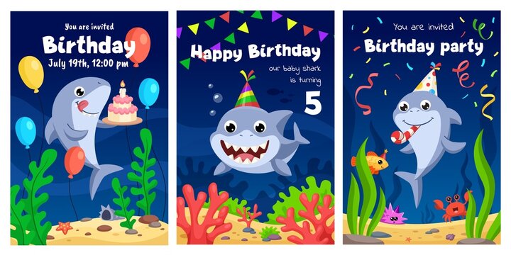 Shark cards. Birthday invite, happy child party in ocean style. Cartoon sharks characters, cute fish and crab with cake. Underwater life garish vector poster