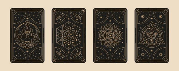 Tarot cards. Gypsy card, witches symbol for lovers mystical ritual. Divination and astrology magical frames set, line magic graphics. Tidy occult vector elements