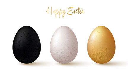 Easter eggs collection. White, black and gold 3d design elements.