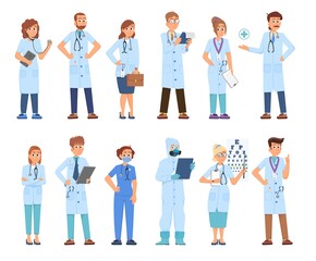 Isolated doctor characters. Smiling clinician pharmacist, cartoon nurse and doctors. Flat friendly hospital team. Physician emotional decent vector set