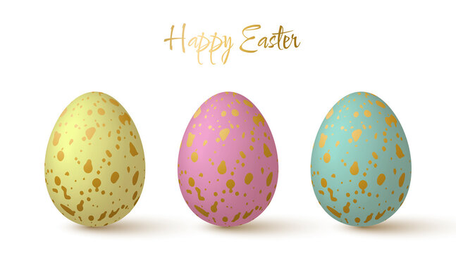 Easter eggs collection. Lovely 3d design elements in pastel colors with gold spotted pattern.