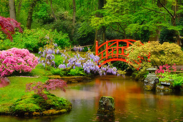 Small red bridge in Japanese garden, Park Clingendael, The Hague, Netherlands