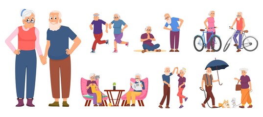 Active old people. Cycling person, healthy retirement and smile elderly characters. Senior retired, cartoon cute dancing and relaxed grandparents, decent vector set