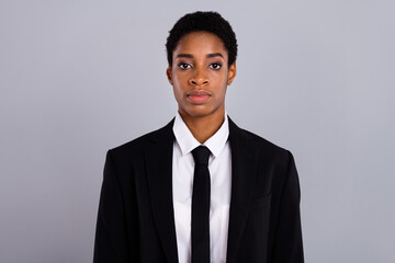 Photo of young man woman smart expert leader banker attorney chief isolated over grey color background