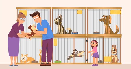 Homeless animals. Adopted pet, man and girl in dog shelter choose new friend. Dogs in cages, cute home puppy in volunteer center, decent vector scene - obrazy, fototapety, plakaty