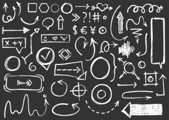Chalk arrow. Crayon arrows and lines on blackboard. Navigation, decoration doodle grunge elements. White scribble textured shapes and frames, decent vector set