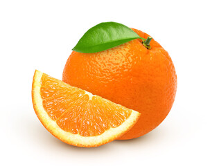 Orange with leaves and slice isolated on white background, cut out.