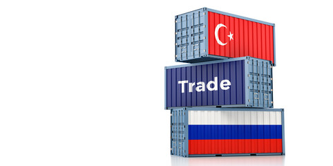 Cargo containers with Russia and Turkey national flags. 3D Rendering 