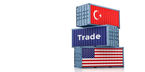 Cargo containers with USA and Turkey national flags. 3D Rendering 