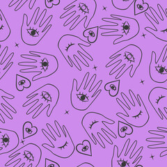 Seamless pattern of contours of hands and eyes. Vector graphics.