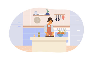 Modern female housewife cooking vegetables salad at kitchen. Woman in apron cutting avocado