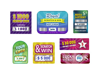 Instant scratching lottery winner tickets with cash award set. Lucky gamble coupons