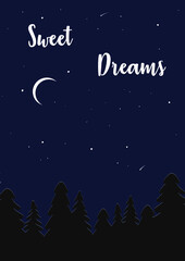 Naklejka premium Good night card with moon, stars, landscape, inscription. Spruce forest against the night starry sky