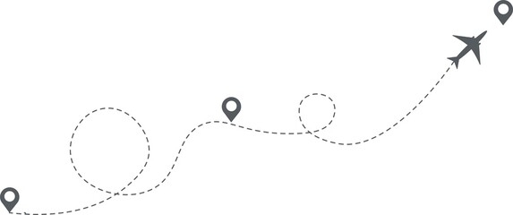 
Airplane path icon. The flight path is indicated by a dotted line.
Route in the form of a loop. Starting point of movement. Vector illustration.