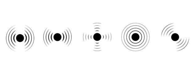 Radar black icons set. Reception satellite signal. Sound, radio or vibration waves. Simple, round, isolated sign. Vector illustration.