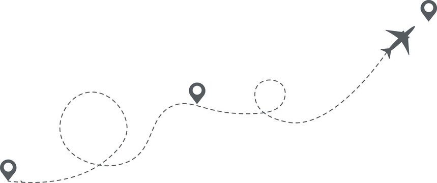 
Airplane path icon. The flight path is indicated by a dotted line.
Route in the form of a loop. Starting point of movement. Vector illustration.