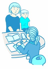発達障害　発達障害者支援センターで制度の説明を受ける親子のイラスト　シンプル