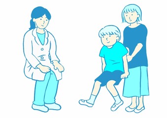 Fototapeta na wymiar 児童精神科診察　発達障害の男の子とその母親と女医のイラスト　シンプル
