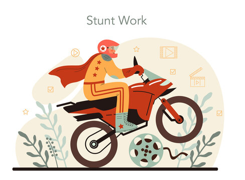 Stuntman concept. Actor performing dangerous stunt on motorcycle
