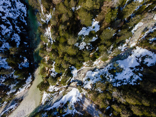 Drone flight over the Oetschergraeben canyon in Lower Austria in winter