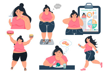 Vector set of illustrations with an obese woman in different poses. Problems with excess weight, bad eating habits, gluttony, obesity, unhealthy diet. The concept of weight loss and diet - obrazy, fototapety, plakaty