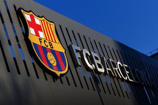 Barcelona, Spain - January 26, 2022: - FC Barcelona logo on exterior of Camp Nou stadium.