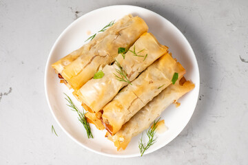Turkish filo pastry. baked spring rolls with stuffing, burek