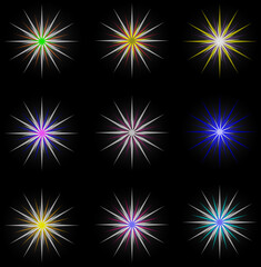 multicolored stars and lights on a black background
