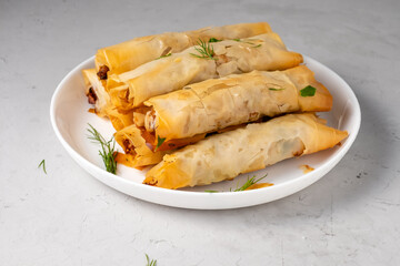 Traditional pastries, spring rolls cigars with meat. Filo pastry.