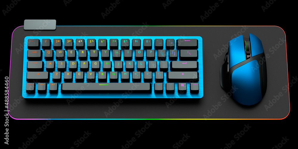 Poster computer keyboard and mouse on professional pad isolated on black background.