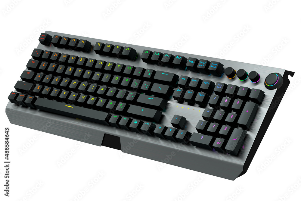 Poster black computer keyboard with rgb colors isolated on white background.