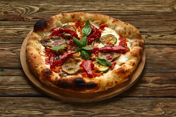 pizza vegetables tomato, onion, pickles, mushrooms, etc. vegan or vegetarian food ready to eat no meat portion on the table for healthy meal snack outdoor top view copy space food background rustic