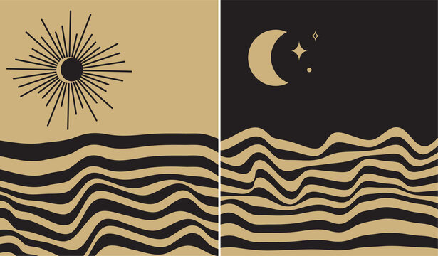 Mid century gold bohemian minimalist wavy retro art with abstract landscapes, sun and moon, sunburst. Vintage posters, illustrations with lines and shapes for wall art, posters, cards, brochure design