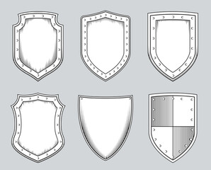 Graphic Art Line Drawing of Shields. Black and White Outline Shields of Various Shapes for Coat of Arms Design. Engraving Style Layout for Emblem or Logo. Isolated Vector Illustration