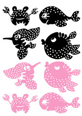 Fototapeta premium Flat graphic design on white background. Collection of silhouette fishes of oceans and rivers. Sea creatures in pink and black. Deep sea. Ideal for notepads, diaries, study guides, tableware, gadgets