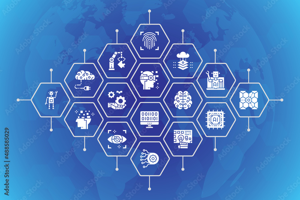 Poster artificial intelligence vector illustration. robotics, chatbot, database, big data line icons promot