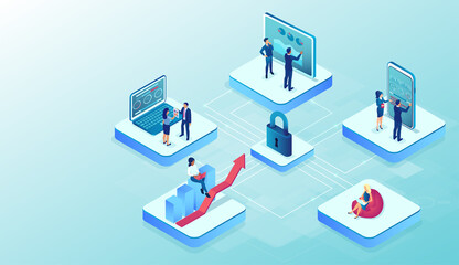 Vector of a businesspeople working on computers online securely interconnected