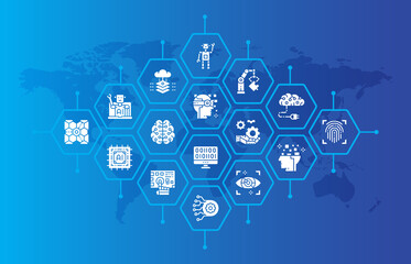 Artificial Intelligence banner. Robotics, Chatbot, Database, Big Data illustration for web page banner or presentation.