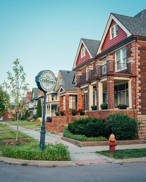 Historic Houses With Corktown Sign, In Corktown, Detroit, Michigan