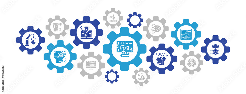 Poster artificial intelligence infographic icon banner. robotics, chatbot, database, big data concept icons