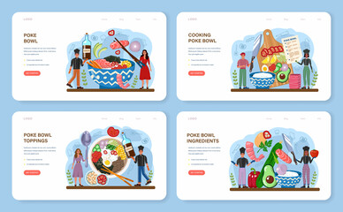 Poke bowl web banner or landing page set. Fresh healthy food with salmon