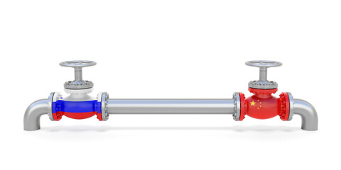 Pipe line and valves (faucets) with national flags of Russia and China. Transportation or delivery of natural gas or petroleum on pipeline between supplier and importer. 3d rendering