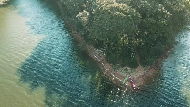 Aerial image filming canoes on a lake