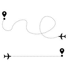 Airplane route set. Tourism and travel. Aircraft route dotted. Vector illustration